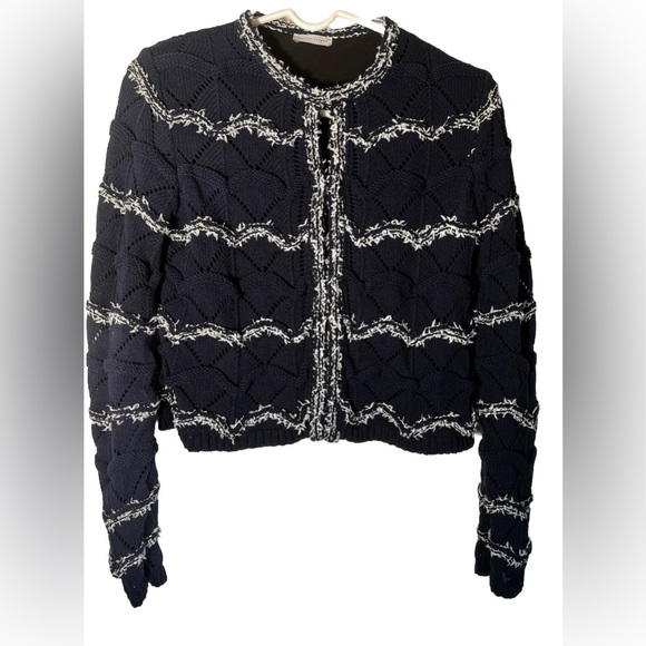 MAISON ULLENS Dark Blue Knit Sweater Jacket w/White Piping/ Leaf Detailing XS - Picture 3 of 7